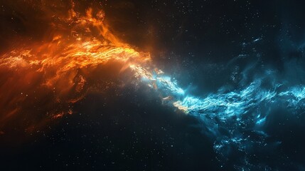 Fototapeta premium An image depicts a cosmic setting with radiant orange and blue lights emanating from the center