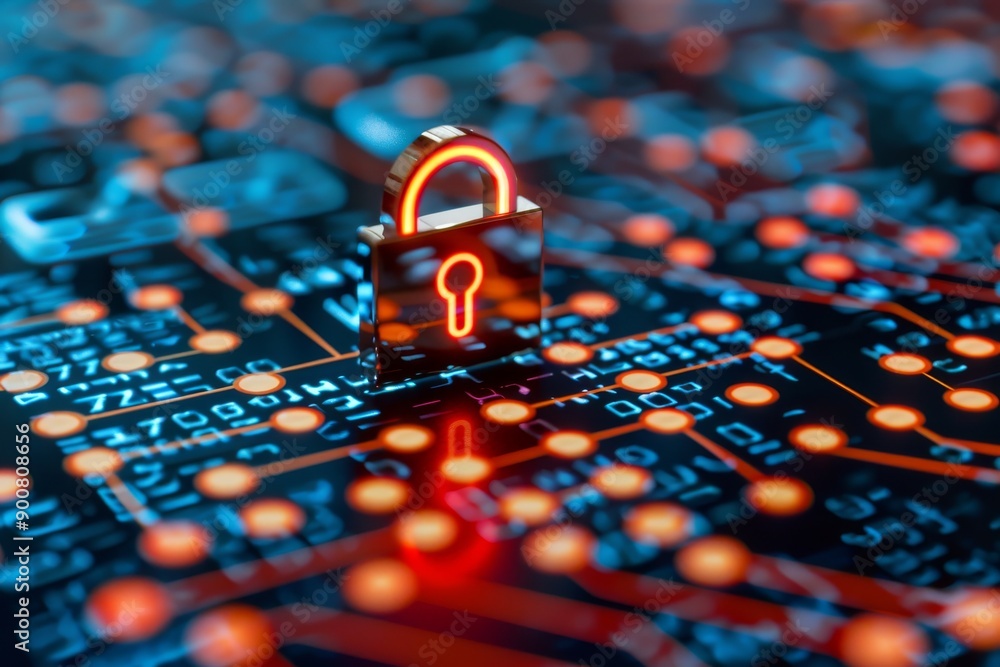 Poster close up of a digital circuit board with a glowing lock symbolizing cybersecurity and data protectio