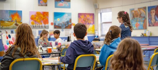Art Class with Students Creating Paintings Under Teacher Guidance in a Colorful Classroom