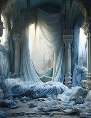 Dreamy bedroom scene with flowing blue curtains framing a misty cityscape view, featuring a unmade bed in the foreground. 