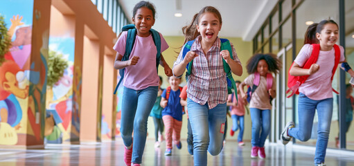 Fototapeta premium Vibrant image of diverse, multiracial, happy young children running through school corridor. Wearing colorful clothing and backpacks, conveying excitement and joy. School time, education concept.