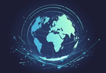 Minimalistic Vector Illustration of World Map with Green and Blue Lines on Dark Navy Background with Concentric Circles