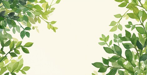 Elegant Border Design with Green Leaves on White Background, Vibrant and Detailed Nature Elements Framing Blank Space