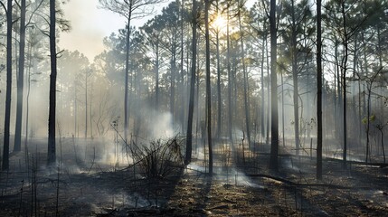 Naklejka premium Morning Sunlight Illuminates Smoke Through Pine Trees After Forest Fire