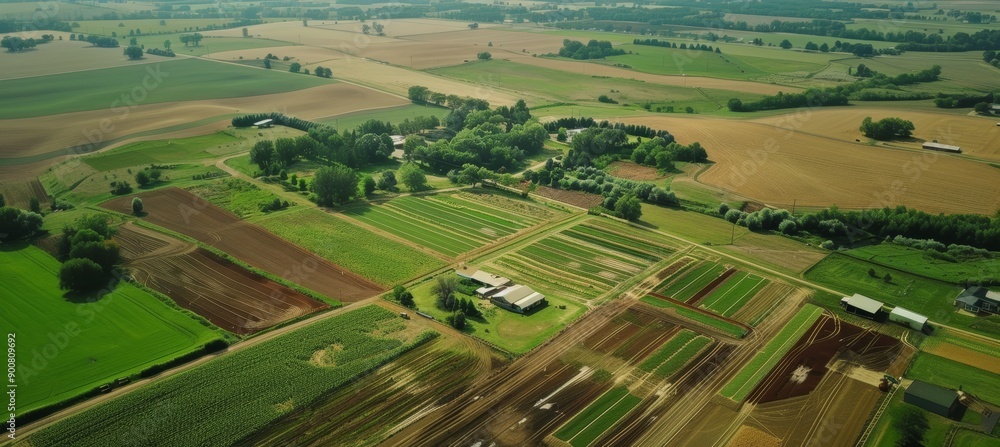 Poster aerial view of large farm showcasing soil erosion control techniques across expansive fields