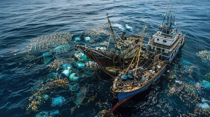 Two Fishing Boats Surrounded by Nets in the Open Ocean
