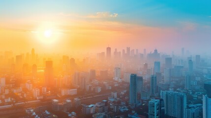 Fototapeta premium Cityscape Sunrise Over Skyscrapers in Hazy Morning Light