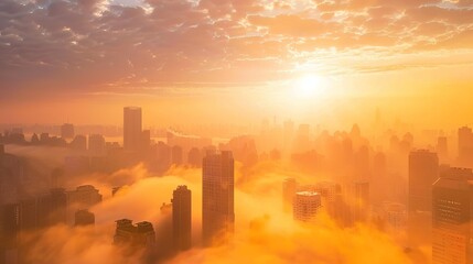 Fototapeta premium Cityscape Skyline at Sunrise With Fog and Golden Light