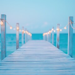 Obraz premium Tranquil Seaside Serenity, Softly Illuminated Boardwalk Lofi Landscape Background