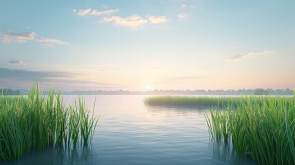 Prehistoric Sunset Serenity, Ancient Lake in Dinosaur Era Background