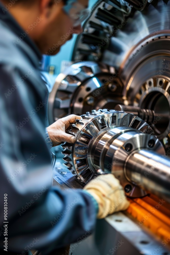 Poster precision engineering: operator inspecting cnc machined part in industrial setting