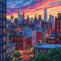 Cityscape with skyscrapers at sunset. Vector illustration in flat style.