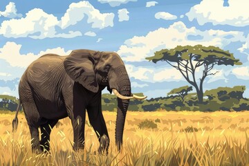 Fototapeta premium Digital illustration of a single elephant with african savanna backdrop