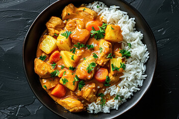 Fried pieces of chicken breast and pineapple slices with rice in sweet and sour sauce in black bowl top view on black background