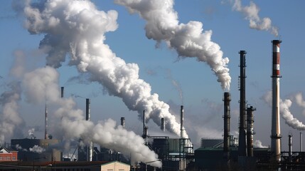 Industrial Smoke Plumes Rising Above Factory Buildings in Daylight