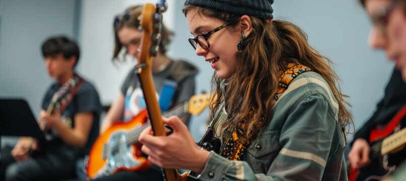 Classmates Improvising a Jam Session, Creating Spontaneous Music and Enjoying the Moment Together