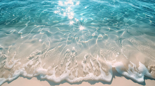 Close up of crystal blue clear transparent sea shallow waters near shore, sunlight reflected with beautiful shiny bright highlights