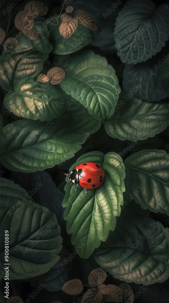 Sticker ladybug on the leaves close-up