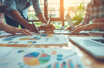 Obraz premium Working group gathered around a table studying company statistics to improve various aspects of the company