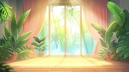 Obraz premium A spacious room filled with lush greenery adorning the floor and a grand window offering an enchanting outdoor view
