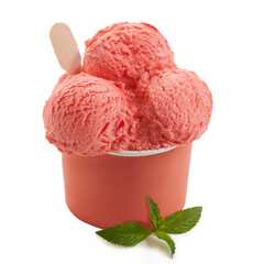 Strawberry ice cream scoops in paper cup isolated on white background