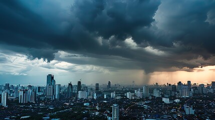 Storm Clouds Gathering Over a Cityscape at Sunset