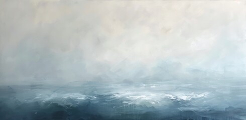 Abstract Misty Landscape Painting with Soft Blue and White Color Palette, Large Brushstrokes, and Minimalist Style

