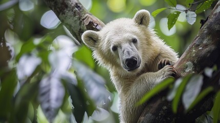 Obraz premium A Young Polar Bear Cub Resting in a Tree in a Lush Green Forest