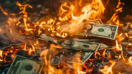 Burning money, dollars on dark background, wast of money concept