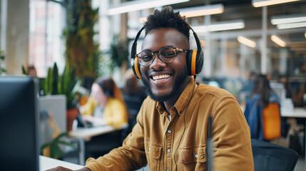 Fototapeta premium Young Man Wearing Headphones and Smiling While Working at a Modern Office Desk