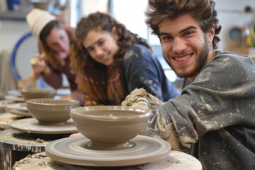 Classmates Shaping Clay Pots on Spinning Wheels in Pottery Workshop - Hands-on Art Class