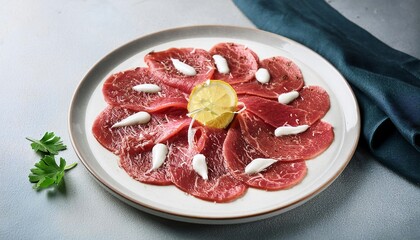 Carpaccio Cipriani, thin slices of raw beef drizzled in mayonnaise, generative AI