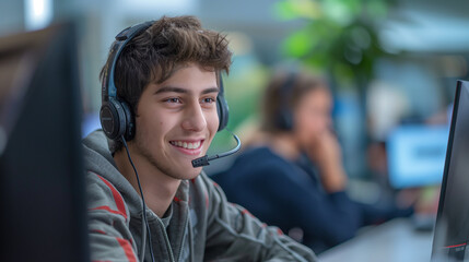 Fototapeta premium Young Male Student Engaged in Online Learning With Headset in Modern Classroom Setting