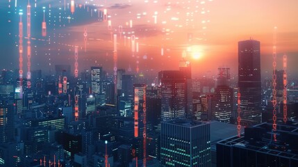 Panoramic City Skyline at Dusk with Digital Commodity Market Data Overlays