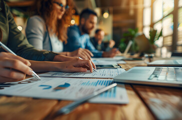 Working group gathered around a table studying company statistics to improve various aspects of the company