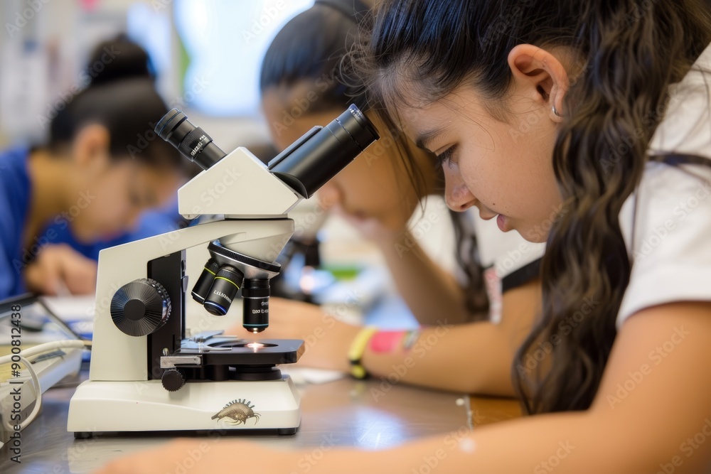 Poster curious students using microscopes to observe live animal specimens in a science class