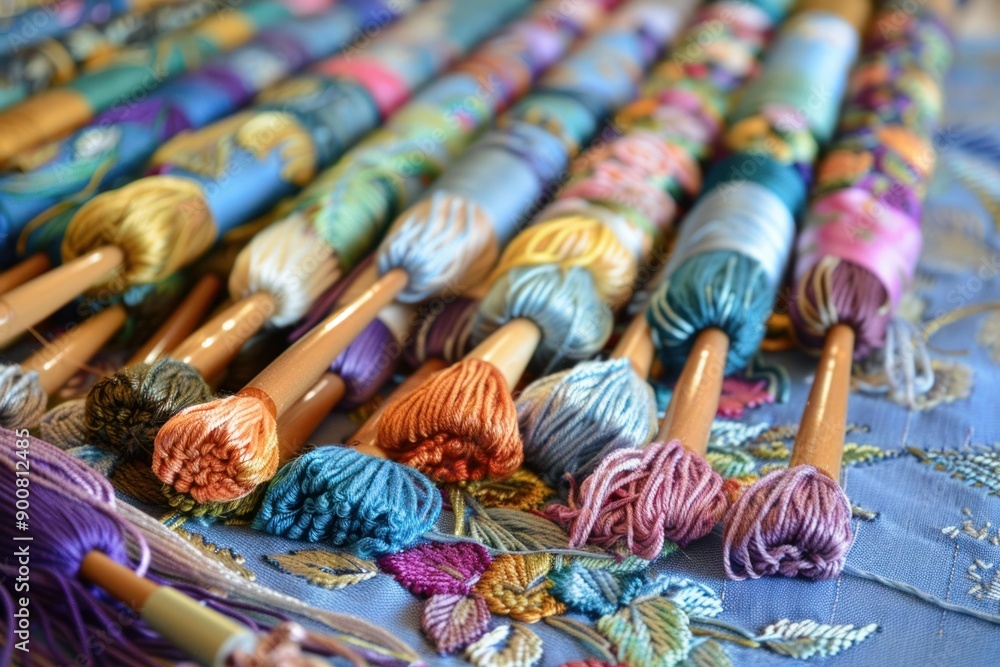 Poster vibrant display of embroidery threads and needles arranged on a textured fabric surface