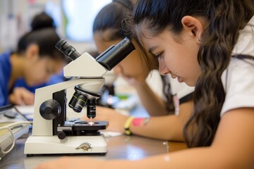 Curious Students Using Microscopes to Observe Live Animal Specimens in a Science Class