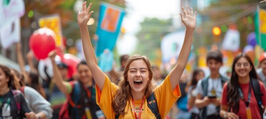 Energetic Students Participating in a Charity Walkathon with Banners and Enthusiastic Supporters