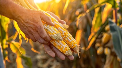 Man's hands holding fresh harvested corn in a sunlit cornfield. Concept of agriculture, farming, harvest, food production