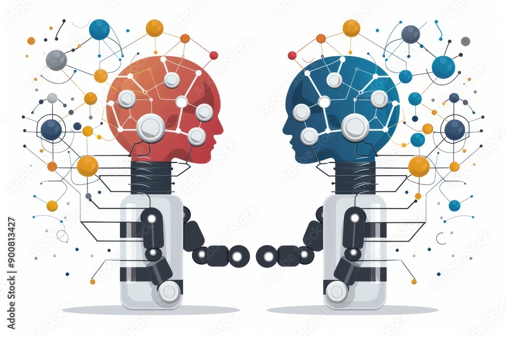 Poster artistic representation of two robot heads with mechanical components symbolizing artificial intelli