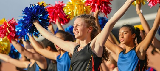 Fototapeta premium Energetic Cheerleading Squad Performing with Colorful Pom Poms - High Energy Athletic Routine
