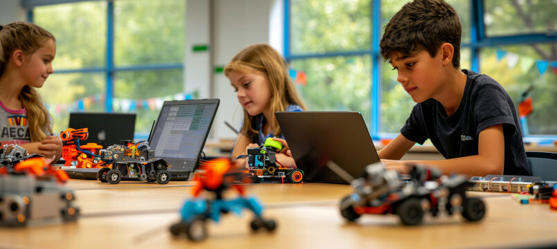 Children Collaborating on Robotics Project in Modern Classroom for STEM Education Learning