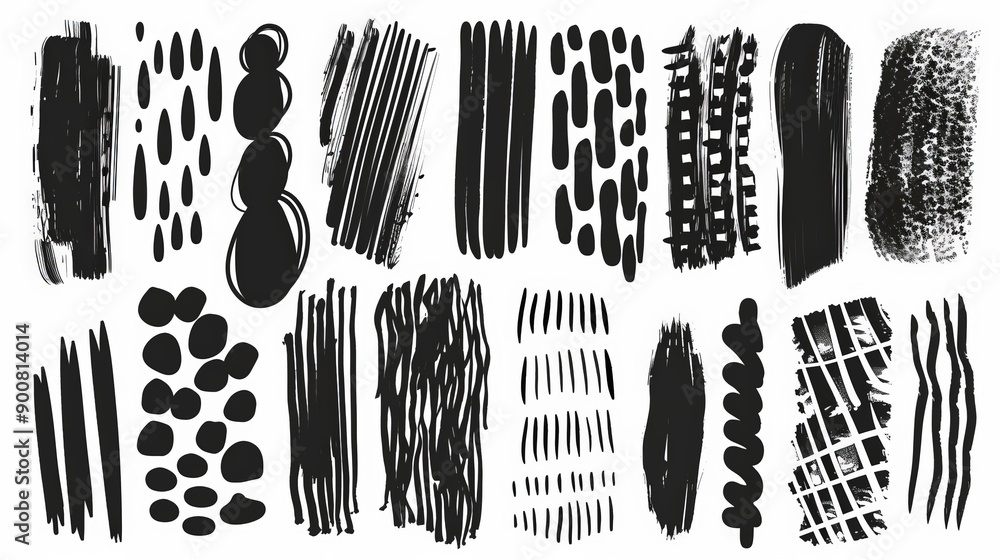 Aufkleber an assortment of different black paint strokes, shapes, and patterns on a white background, capturin