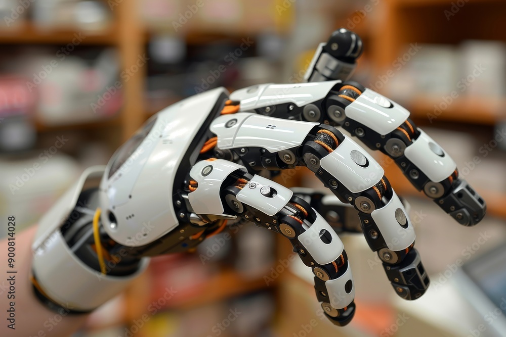 Poster robotic hand holding a glowing sphere symbolizing advanced robotics and technology innovation