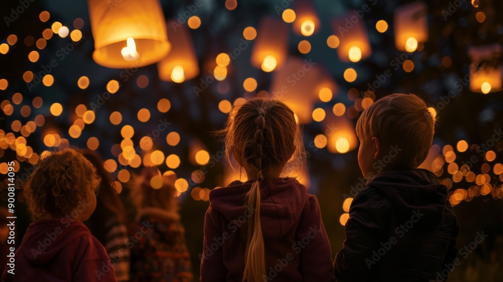 Poster children standing with their backs to the camera, gazing in wonder at floating lanterns at night, cr