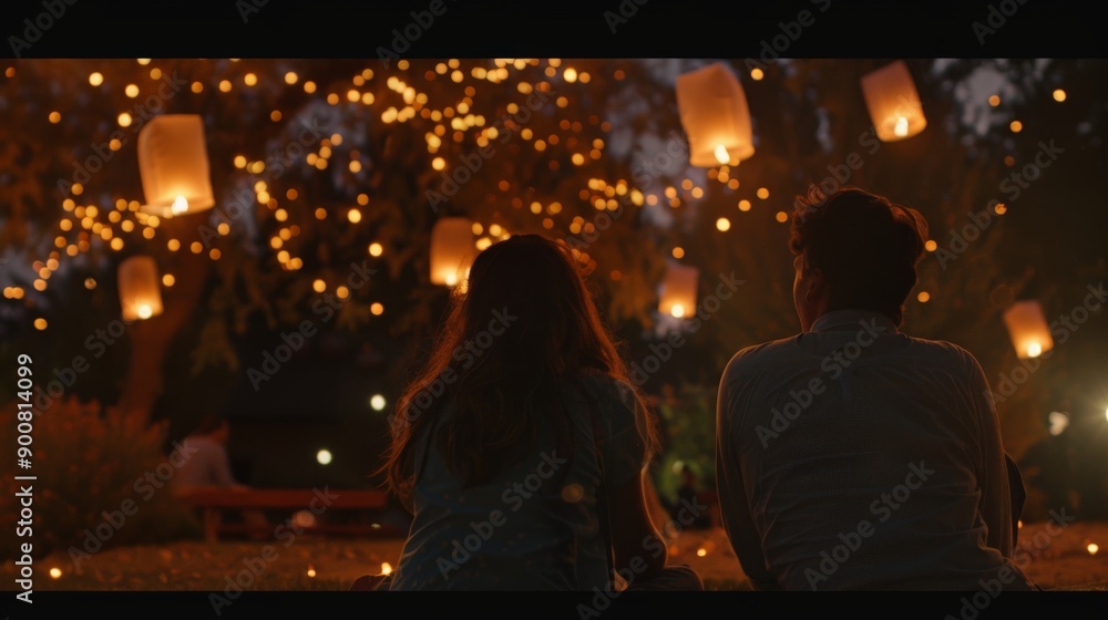 Poster a couple sits on the grass, backs to the camera, watching the enchanting display of floating lantern