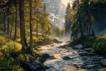 Fototapeta premium A tranquil mountain stream meanders through a lush forest, bathed in dappled sunlight