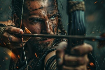 A focused archer pulling back a bowstring with a fully drawn arrow, ready to shoot in a dark, intense sequence. Embers and sparks fly around, highlighting the tension.