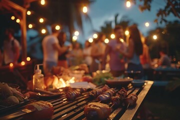 Friends are socializing at a barbecue, gathered around a grill covered with various grilled foods. The scene is set in the evening, and the ambiance is warm and inviting.